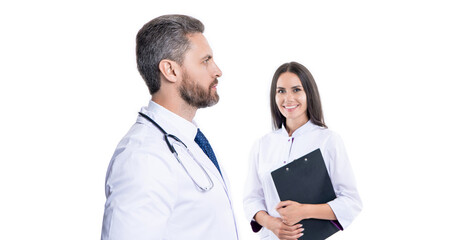 doctor at hospital. doctor hold medical prescription. doctor internist with clipboard isolated on white. prescriber physician with nurse. prescription. medicine and healthcare