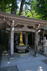 Japanese temple entrance with a golden sculpture on the garden