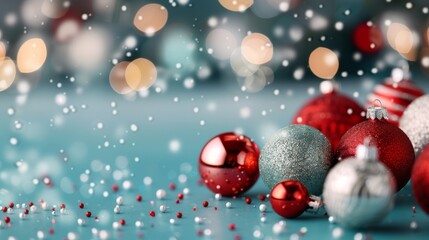 Obraz premium Festive Ornaments and Pinecones Displayed on a Light Blue Surface for Christmas