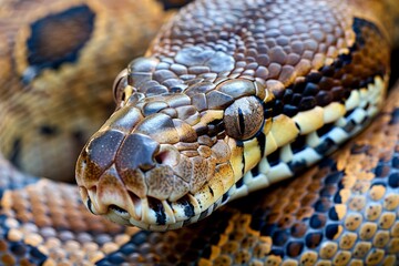 Dark Tiger Python Snake Head on table in a zoo. Close-Up. 4K.. Beautiful simple AI generated image in 4K, unique.