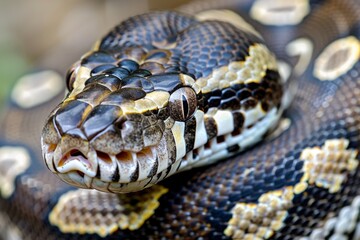 Fototapeta premium Close-up of a python. Snake isolated on a blurred background. Snake head and eyes.. Beautiful simple AI generated image in 4K, unique.