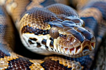 Fototapeta premium Close-up of a python. Snake isolated on a blurred background. Snake head and eyes.. Beautiful simple AI generated image in 4K, unique.