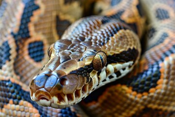 Obraz premium Close-up of a python. Snake isolated on a blurred background. Snake head and eyes.. Beautiful simple AI generated image in 4K, unique.