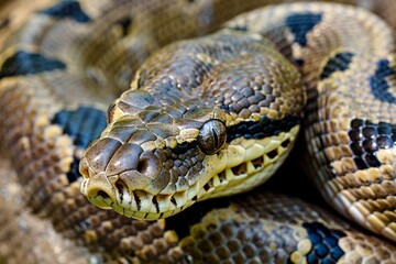 Obraz premium Close-up of a python. Snake isolated on a blurred background. Snake head and eyes.. Beautiful simple AI generated image in 4K, unique.