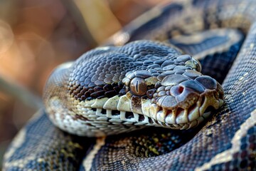 Obraz premium animal detail - close up macro photography of a python snake head with big eyes, outdoors in Africa with natural sunlight. Beautiful simple AI generated image in 4K, unique.