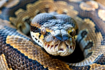 Obraz premium Python snake reptile close-up macro portrait on black. Beautiful simple AI generated image in 4K, unique.