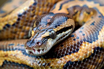 Fototapeta premium Close-up of a python. Snake isolated on a blurred background. Snake head and eyes.. Beautiful simple AI generated image in 4K, unique.