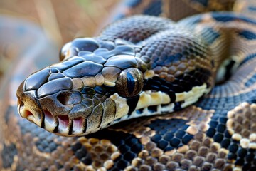 Fototapeta premium Close-up of a python. Snake isolated on a blurred background. Snake head and eyes.. Beautiful simple AI generated image in 4K, unique.