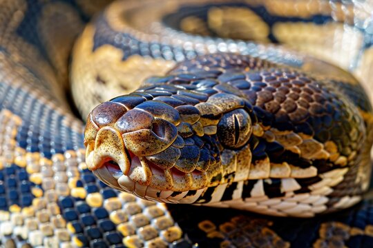 Dark Tiger Python Snake Head on table in a zoo. Close-Up. 4K.. Beautiful simple AI generated image in 4K, unique.