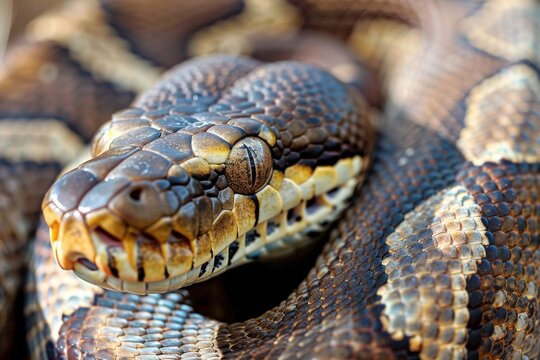 Close-up of a python. Snake isolated on a blurred background. Snake head and eyes.. Beautiful simple AI generated image in 4K, unique.