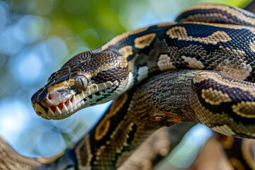 Fototapeta premium Close-up of a python. Snake isolated on a blurred background. Snake head and eyes.. Beautiful simple AI generated image in 4K, unique.