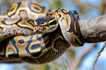 Close-up of a python. Snake isolated on a blurred background. Snake head and eyes.. Beautiful simple AI generated image in 4K, unique.