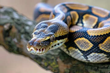 Close-up of a python. Snake isolated on a blurred background. Snake head and eyes.. Beautiful simple AI generated image in 4K, unique.