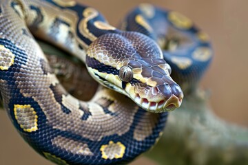 Fototapeta premium Close-up of a python. Snake isolated on a blurred background. Snake head and eyes.. Beautiful simple AI generated image in 4K, unique.