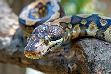 animal detail - close up macro photography of a python snake head with big eyes, outdoors in Africa with natural sunlight. Beautiful simple AI generated image in 4K, unique.