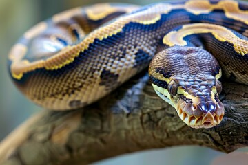 Fototapeta premium Big multi-colored python snake crawling on the ground. Beautiful simple AI generated image in 4K, unique.