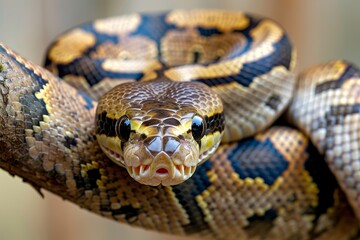 Obraz premium Close-up of a python. Snake isolated on a blurred background. Snake head and eyes.. Beautiful simple AI generated image in 4K, unique.