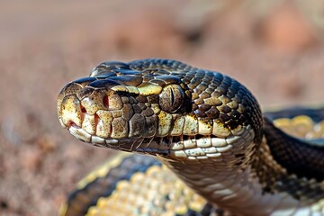 Fototapeta premium Close-up of a python. Snake isolated on a blurred background. Snake head and eyes.. Beautiful simple AI generated image in 4K, unique.