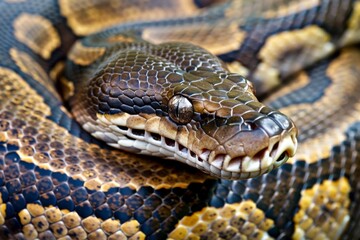 Big multi-colored python snake crawling on the ground. Beautiful simple AI generated image in 4K, unique.