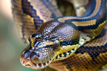 Fototapeta premium Big multi-colored python snake crawling on the ground. Beautiful simple AI generated image in 4K, unique.