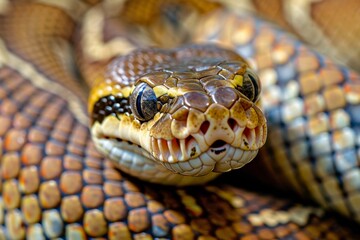 Fototapeta premium Dark Tiger Python Snake Head on table in a zoo. Close-Up. 4K.. Beautiful simple AI generated image in 4K, unique.