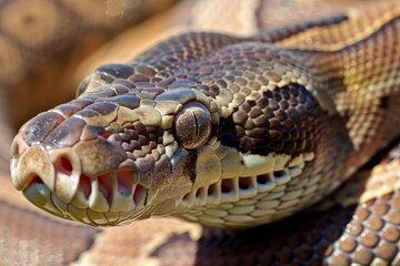Fototapeta premium Big multi-colored python snake crawling on the ground. Beautiful simple AI generated image in 4K, unique.