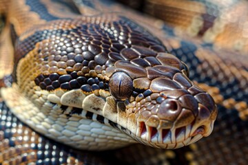 Fototapeta premium Close-up of a python. Snake isolated on a blurred background. Snake head and eyes.. Beautiful simple AI generated image in 4K, unique.