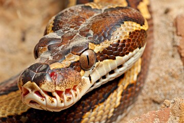 Obraz premium Close-up of a python. Snake isolated on a blurred background. Snake head and eyes.. Beautiful simple AI generated image in 4K, unique.