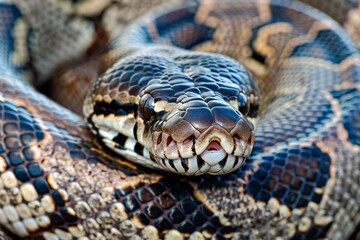 Obraz premium Close-up of a python. Snake isolated on a blurred background. Snake head and eyes.. Beautiful simple AI generated image in 4K, unique.