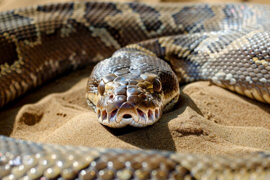 Big multi-colored python snake crawling on the ground. Beautiful simple AI generated image in 4K, unique.
