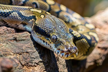 Obraz premium Dark Tiger Python Snake Head on table in a zoo. Close-Up. 4K.. Beautiful simple AI generated image in 4K, unique.