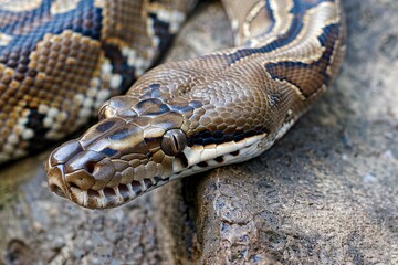 Fototapeta premium Close-up of a python. Snake isolated on a blurred background. Snake head and eyes.. Beautiful simple AI generated image in 4K, unique.