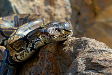 Obraz premium Close-up of a python. Snake isolated on a blurred background. Snake head and eyes.. Beautiful simple AI generated image in 4K, unique.