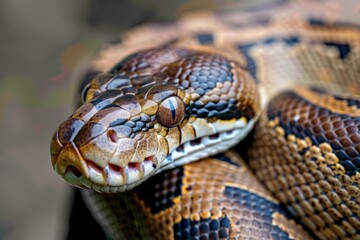 Close-up of a python. Snake isolated on a blurred background. Snake head and eyes.. Beautiful simple AI generated image in 4K, unique.