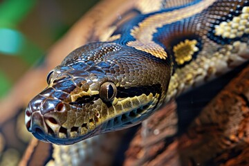 Obraz premium Close up of ball python on a branch, non-venomous snake, python regius. Beautiful simple AI generated image in 4K, unique.