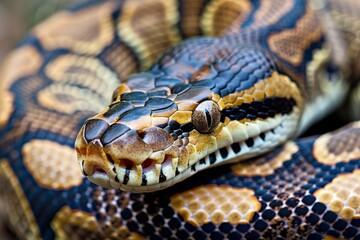 Fototapeta premium Big multi-colored python snake crawling on the ground. Beautiful simple AI generated image in 4K, unique.