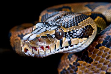 Fototapeta premium Big multi-colored python snake crawling on the ground. Beautiful simple AI generated image in 4K, unique.