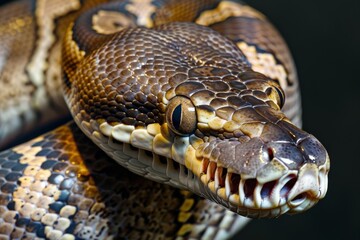 Fototapeta premium Big multi-colored python snake crawling on the ground. Beautiful simple AI generated image in 4K, unique.