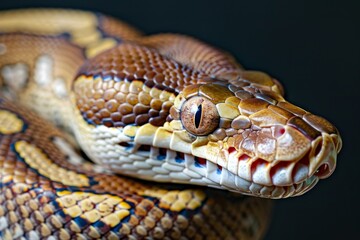 Fototapeta premium Python snake reptile close-up macro portrait on black. Beautiful simple AI generated image in 4K, unique.