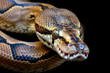 Fototapeta premium Close-up of a python. Snake isolated on a blurred background. Snake head and eyes.. Beautiful simple AI generated image in 4K, unique.