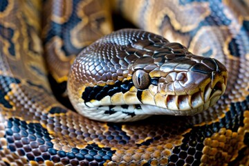 Fototapeta premium Python snake reptile close-up macro portrait on black. Beautiful simple AI generated image in 4K, unique.