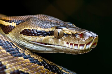 Fototapeta premium Close-up of a python. Snake isolated on a blurred background. Snake head and eyes.. Beautiful simple AI generated image in 4K, unique.
