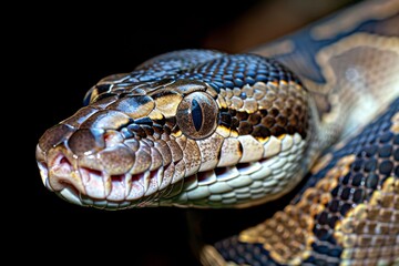 Fototapeta premium Close-up of a python. Snake isolated on a blurred background. Snake head and eyes.. Beautiful simple AI generated image in 4K, unique.