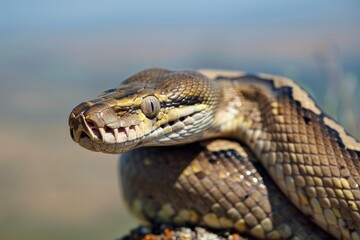Obraz premium Close-up of a python. Snake isolated on a blurred background. Snake head and eyes.. Beautiful simple AI generated image in 4K, unique.