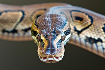 Fototapeta premium animal detail - close up macro photography of a python snake head with big eyes, outdoors in Africa with natural sunlight. Beautiful simple AI generated image in 4K, unique.