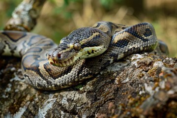 Close-up of a python. Snake isolated on a blurred background. Snake head and eyes.. Beautiful simple AI generated image in 4K, unique.
