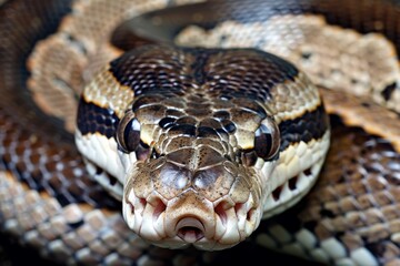 Fototapeta premium animal detail - close up macro photography of a python snake head with big eyes, outdoors in Africa with natural sunlight. Beautiful simple AI generated image in 4K, unique.