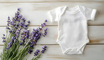 Fototapeta premium A soft, white baby onesie is neatly displayed on a light wooden surface next to a fresh bouquet of lavender sprigs.