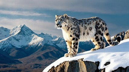 Obraz premium A beautifull white leoperd on hills in snow