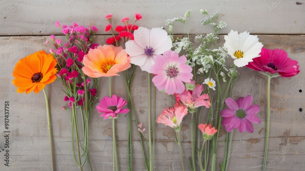 Sticker Colorful Bouquet of Fresh Flowers on Wooden Table